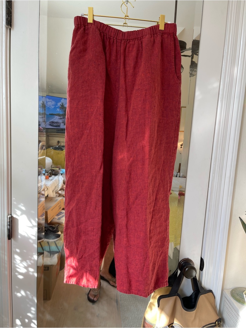 Flax Red/Rust linen pants size L with Elastic Waist and pockets.